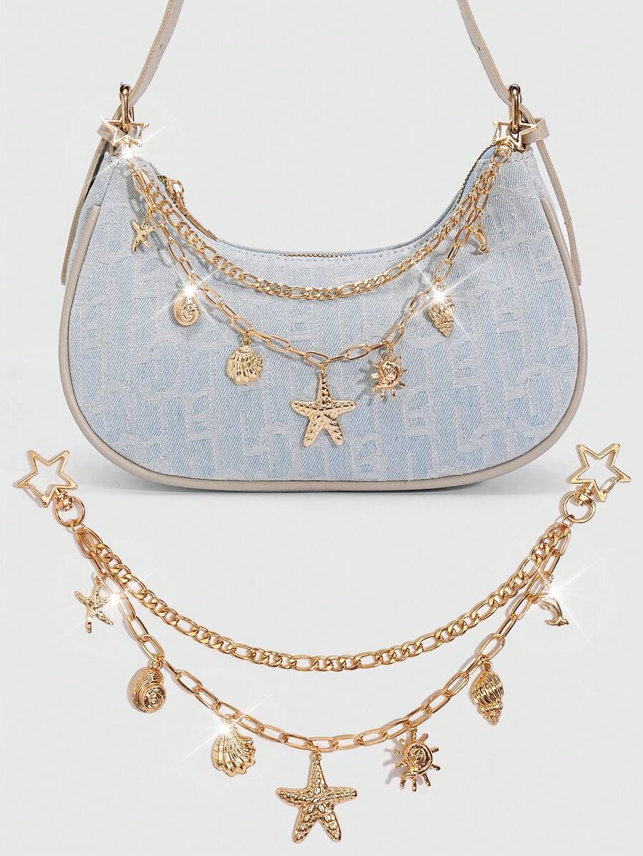 Viva Strut 1Pc Seashell Ornament For A Holiday-Style Starfish Shell Chain Bag, Marine Tail Conch Beach Keychain, Suitable For Matching With A Small Square Bag When Out On Vacation. - Gold 2 - View 1