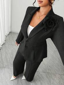 Elenzga Women Plus Size Elegant Floral Decor Blazer Jacket And Wide Leg Pants Suit Set - Black - View 6