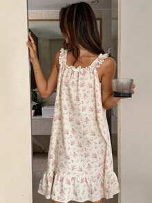 DAZY Ditsy Floral Frill Trim Cami Sleep Dress Pajama, Moo Moo Night Dress - White - View 4