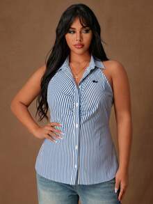 Rustia Summer New Fashionable Versatile Striped Lapel Sleeveless Waist Shirt, Plus Size - Blue - View 3