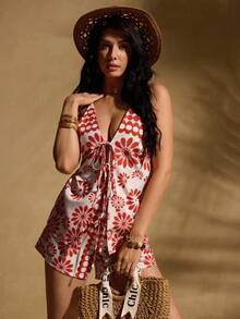 Swim Chiccia 红白抽象印花露背系带镂空抽绳短裤两件套度假套装女装 - 紅色 - 查看 5