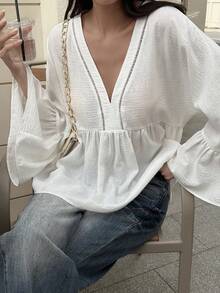 Livesso Elegant All White Autumn Chiffon Shirt For Women,Floral Ruffle Patchwork V-Neck Pullover Long Sleeve Top,Casual Vacation Beach Vacation Cover Up - White - View 7