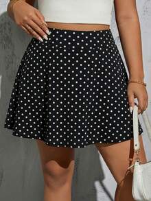 SHEIN Essnce 大码女式休闲黑白波点阔腿裤，夏季阔腿裤，短裤，夏季裙裤，锐舞音乐节裙裤，乡村音乐节锐舞短裤高腰款 - 白色 - 查看 4