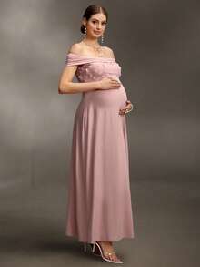 Cheriluna Maternity 优雅褶裥单肩刺绣孕妇连衣裙，长款 - 粉色 - 查看 3