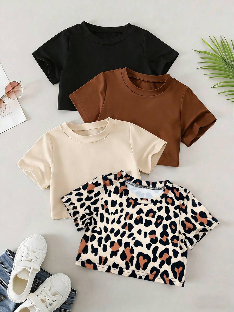 SHEIN تي شيرت أكمام قصيرة رقبة دائرية بلون أحادي + طباعة نمر للفتاة الصغيرة - متعدد الألوان - مشاهدة 1