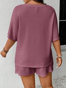 SHEIN Frenchy 大码女式纯色圆领上衣和短裤休闲日常两件套 - 紫色 - 查看 2