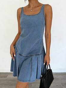 Siren Gaze 女士圆领褶裥休闲日常牛仔连衣裙 - 淺色水洗藍 - 查看 6