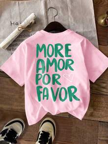 SHEIN LUNE 大码女式圆领字母印花休闲百搭日常短袖T恤 - 粉色 - 查看 4