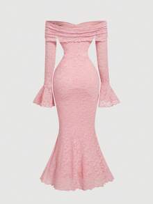 SHEIN MOD Đầm bodycon trễ vai tay dài buộc dây phía trước cho nữ, Đầm năm mới cho nữ, Đầm dự tiệc năm mới, Ngày lễ tình nhân, Đầm màu pastel cho nữ - Hồng - Xem 2