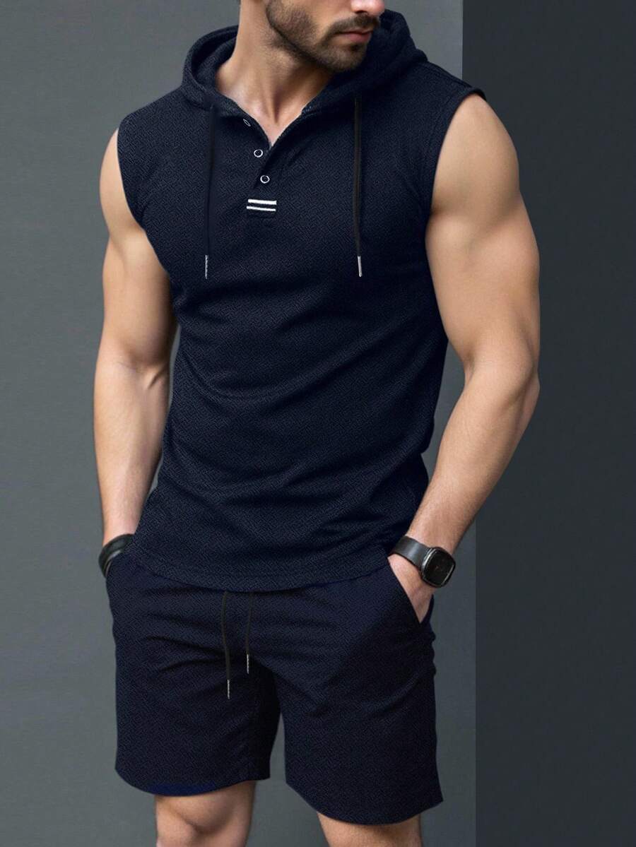Manfinity Homme Men's Hooded Vest And Slant Pocket Shorts Casual Suit - Navy Blue - View 1