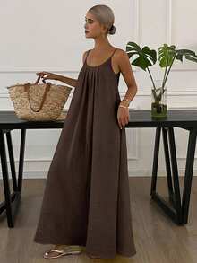 DAZY New Summer Beach Holiday Loose Backless Spaghetti Strap Dress - Brown - View 3