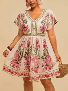 Travachic 大码女式V领短袖收腰A字印花连衣裙，优雅休闲度假装，春夏款 - 杏色 - 查看 5