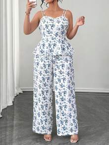Elenzga Fashion Blue Floral Print Camisole - Summer Elegant Women's Suit - White - View 9