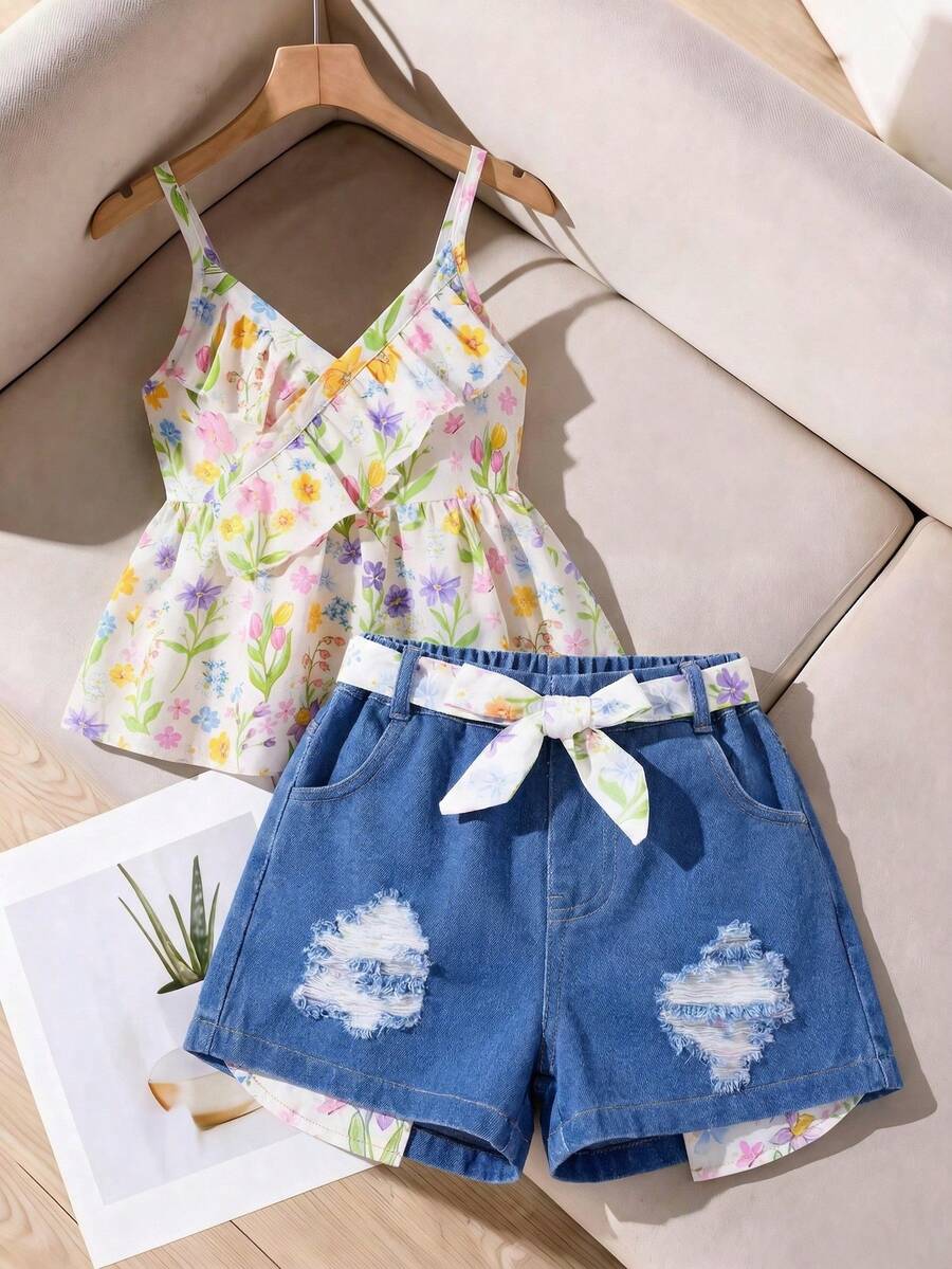 SHEIN 两件套:少女休闲粉色荷叶边吊带背心和蓝色做旧牛仔短裤,配格子腰带,百搭时尚日常装 - 彩色 - 查看 1