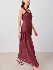 Nöista Đầm maxi với chất liệu ren tinh tế và dây đeo xếp ly. Thích hợp cho mùa xuân, hè, nữ. - Màu Đỏ Sâu - Xem 1