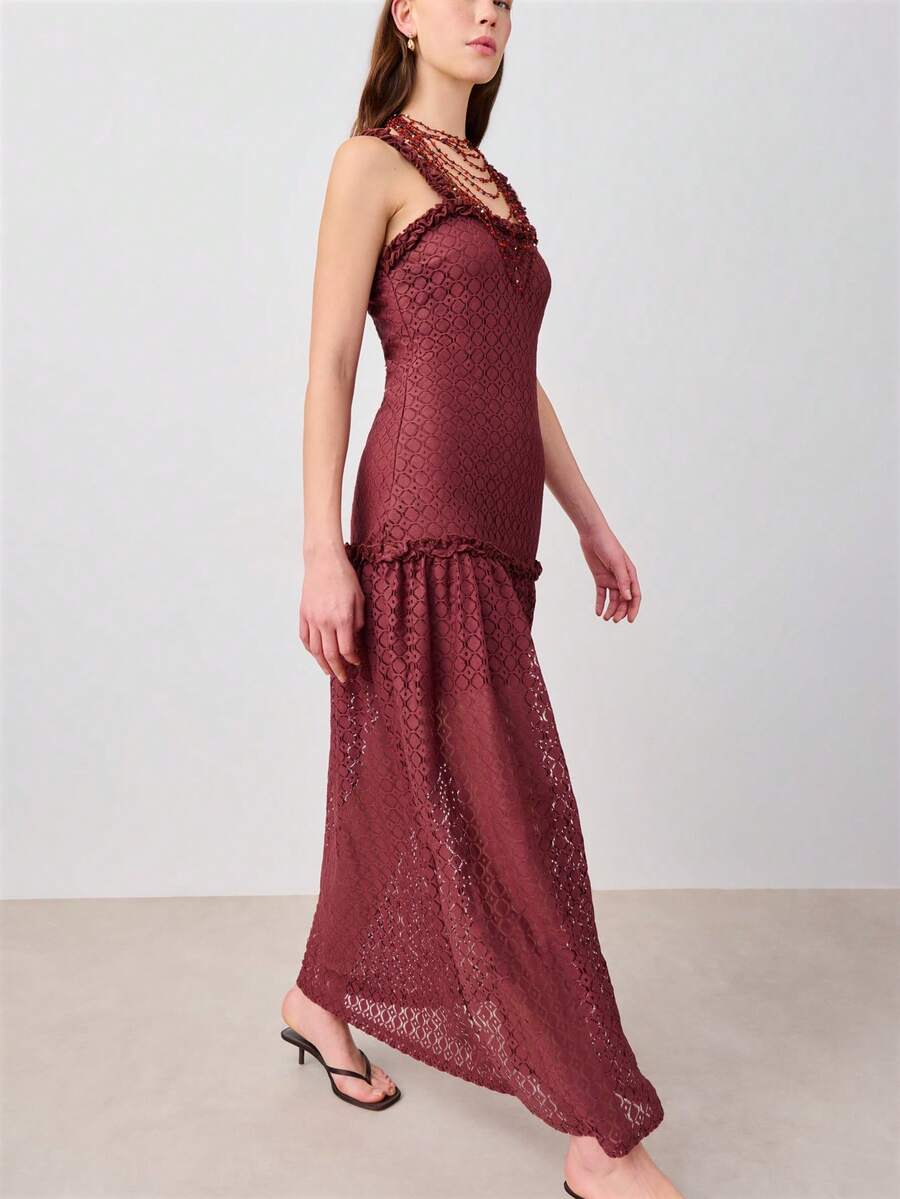 Nöista Đầm maxi với chất liệu ren tinh tế và dây đeo xếp ly. Thích hợp cho mùa xuân, hè, nữ. - Màu Đỏ Sâu - Xem 1