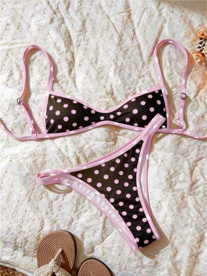 Elavelle Set de 2 piezas Bikini de tirantes finos con estampado aleatorio para mujer, verano