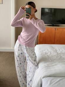 DAZY Solid Color Fitted Knit Combination Ocean Element All-Over Print Women Pajama Set, Fall & Winter Clothes - Pink - View 3