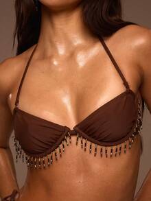 Musera Resort Underwire Beaded Detail Detachable Straps Bandeau Bikini Top Only Summer Swim Beach Vacation Everyday Sexy Cute Boho Travel Sunspell - Mocha Brown - View 6