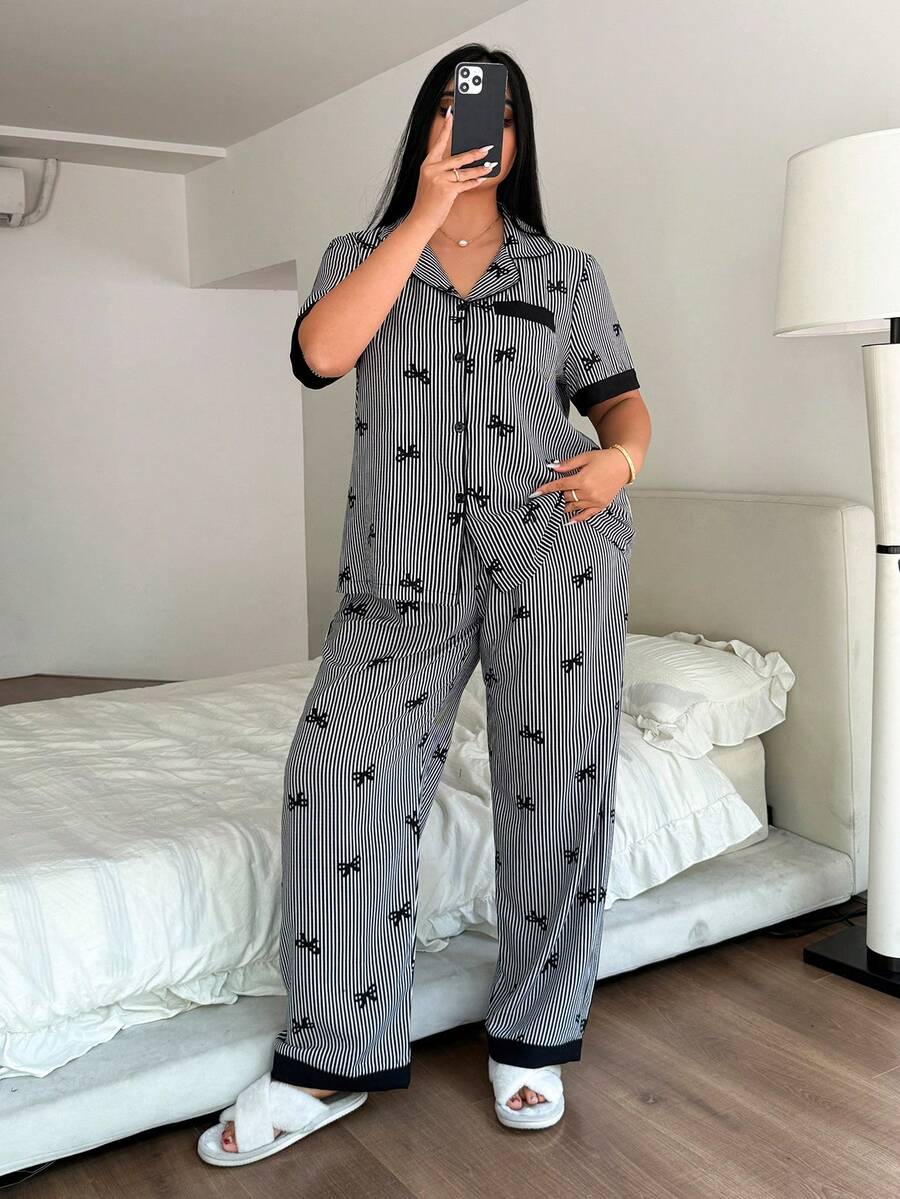 Napfluff CURVE Napfluff CURVE Plus Size Color Block Ruffle Collar Bow Striped Short Sleeve PJS, Bow Tie PJS, Black Bow Tie Striped Print