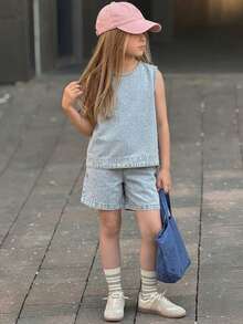 Tween Girls Denim 2-Piece Set,Girls Summer Outfits,Back To School Clothes Vacation - Light Wash - View 3
