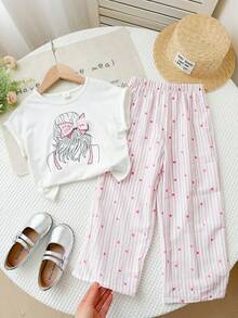 SHEIN LMoss Kids 2pcs Young Girl Knitted Solid Color Round Neck T-Shirt And Loose Bow Decor Casual Pants Set, Summer Family Matching, Young Girls Coords Clothing Outfit Sets - Pink - View 3