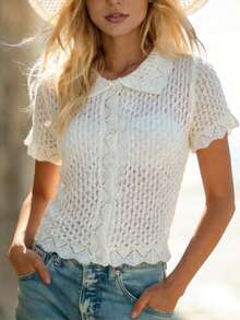 EMERY ROSE Elegant Romantic Polo Collar Spring/Summer New Women Lightweight Cardigan - Apricot - View 3