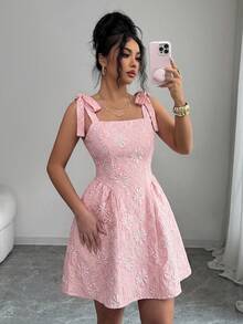 SHEIN Elenzya 女士箔面纹理面料腰部束带露肩短款A字迷你连衣裙，春夏度假派对 - 粉色 - 查看 4