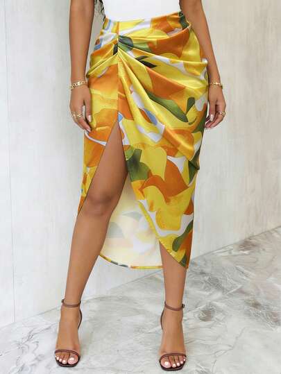 Eryvara Women's Spring/Summer Vacation Ruched Bodycon Slit Skirt