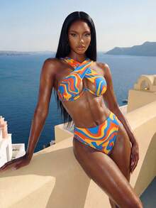 Swim SXY 彩色波浪印花十字交叉鋼圈文胸和高腰下裝2入組泳衣 - 彩色 - 查看 3