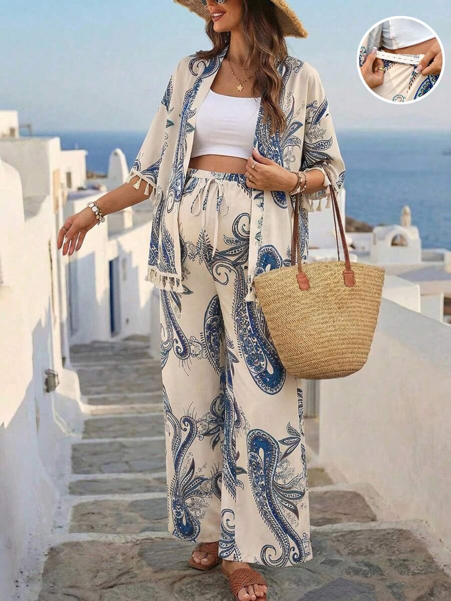 SHEIN Bộ 2 món áo khoác kimono và quần dài có thể điều chỉnh eo dành cho bà bầu và đi nghỉ mát, họa tiết hạt điều, có tua rua. - Màu xanh lam - Xem 1
