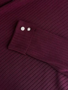 SHEIN Rib-Knit Mock Neck Sweater With Faux Pearl Cuff Buttons - عنابي اللون - مشاهدة 6
