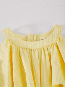 SHEIN Elladie kids 少女优雅度假风纯色纹理面料露肩荷叶边装饰收腰连衣裙，夏季 - 黃色 - 查看 6