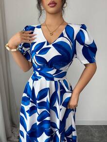 Elenzga Elegant Tie-Cinched Waist Puff Sleeve Leaf Print Long Split Dress For Women, Spring/Summer - Blue and White - View 6