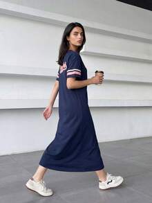 Solavon 字母圖案條紋袖T恤連衣裙 - 藏蓝色 - 查看 6