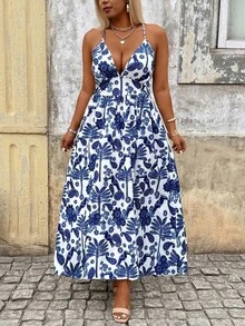 Breezaya Plus Size Elegant V-Neck Floral Print Blue And White Swing Cami Dress,Minimalist Summer Boho Vacation Holiday Beach Sundress For Outdoor Play - Multicolor - View 7