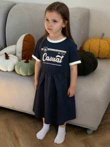 DAZY Girls Casual Round Neck Printed Short Sleeve Dress, Fall - Navy Blue - View 2