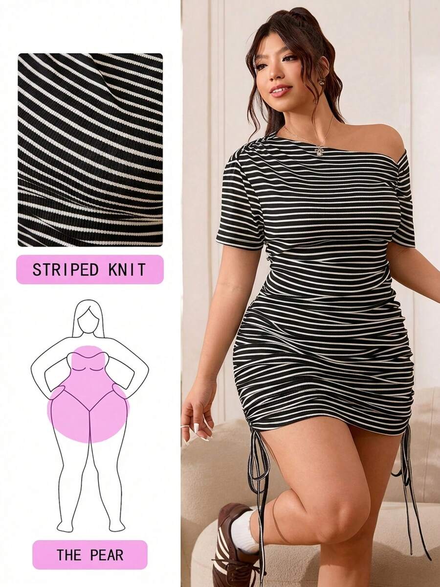 Solflare Summer Plus Size Black And White Striped Dress,Smart Casual Asymmetric Shoulder Bodycon,Night Out Club Ribbed Knit Ruched Stretchy Adjustable Length - Black and White - View 1
