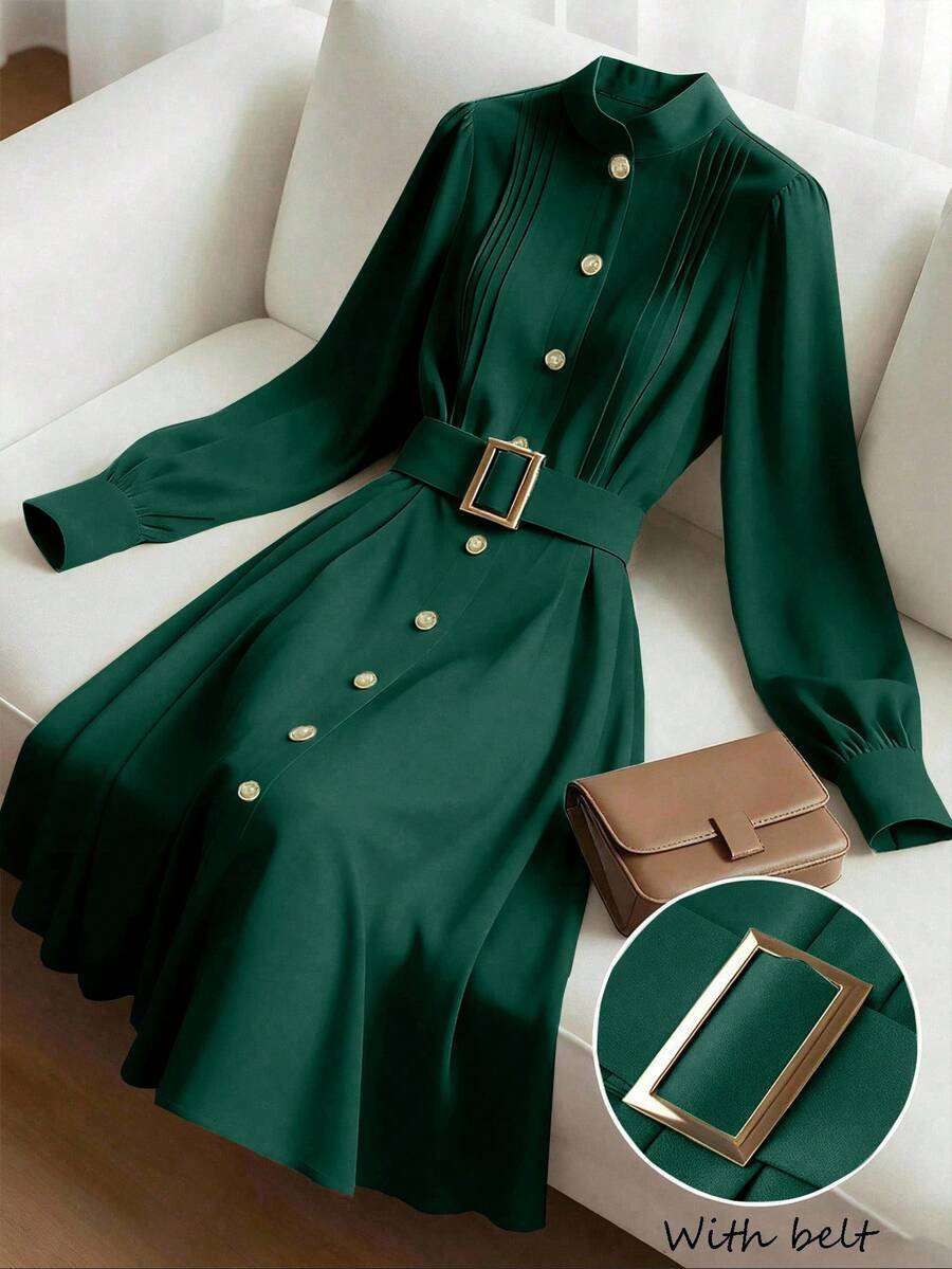 GlowEve CURVE Plus Size Women's Dark Green Elegant Autumn Midi Dress,Round Neck Front Pleated Detailing A-Line Long Sleeve French Style Dinner Outfits With Belt - Dark Green - View 1