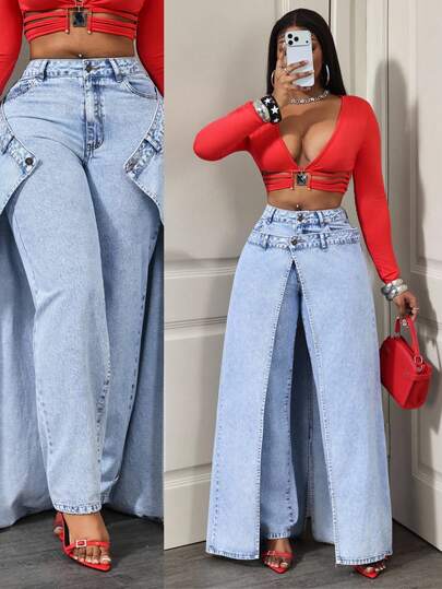 Slaydiva Kadın Modası Günlük Kot Pantolon, Çift Bel Cepli ve Düğmeli