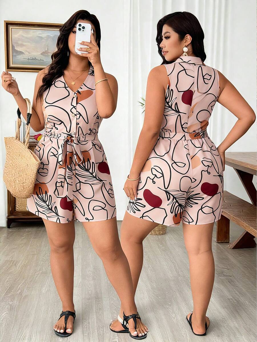Elenzga Plus Size Women Allover Print Knotted Casual Everyday Romper - Multicolor - View 1
