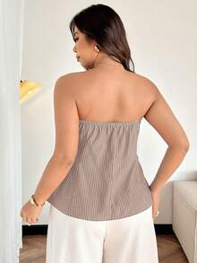 Easura Plus Size Women's Elegant Strapless Ruffle Hem Top, Navy Striped Fabric, Suitable For Commuting, Autumn/Winter - Khaki - View 2