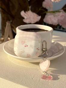 时尚花卉樱桃格纹骷髅糖果图案手机壳，兼容苹果Pro 2/3/4代，配有心形挂绳钥匙扣。硬质PC保护壳。 - 淺粉色 - 查看 3