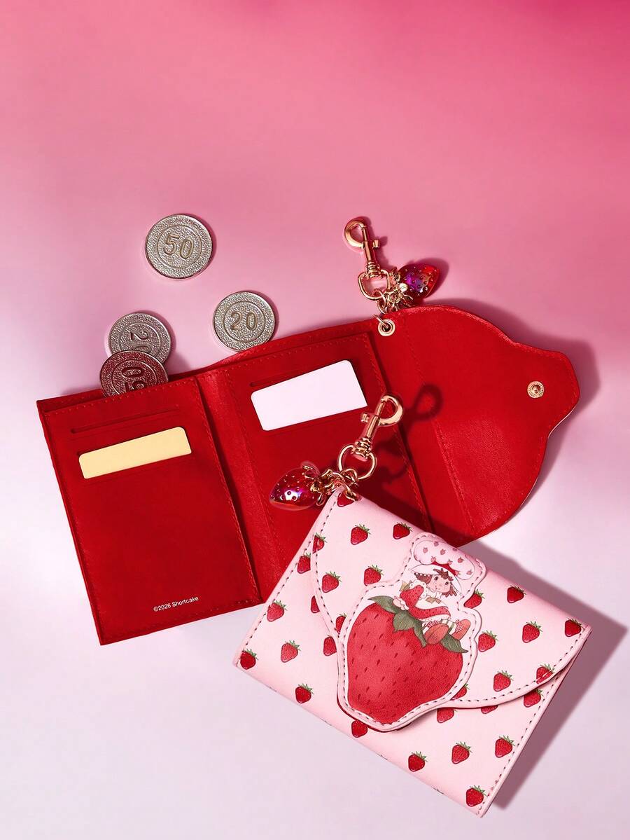 Strawberry Shortcake X SHEIN 1 Piece Of Cute Cartoon Pattern Printed Pu Leather, 7 Card Spaces, With Banknote Position, Button Opening And Closing, Colorful Strawberry Decoration, Can Be Hung On The Bag, Suitable For Teenagers And Ladies - Pink - View 1