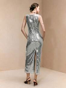 Arave Vestido ajustado con cuello drapeado, sin mangas, con detalles de lentejuelas, elegante para citas - Plateado - Ver 4