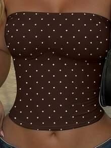 EMERY ROSE Áo croptop ôm dáng in chấm bi phong cách thường ngày mùa hè dành cho nữ - Cà phê nâu - Xem 3