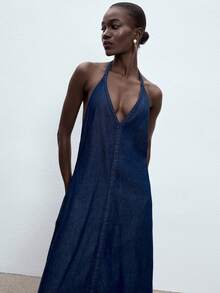 ATUI Studio 女士性感露背吊带宽松牛仔连衣裙，适合夏季度假 - 藏蓝色 - 查看 3