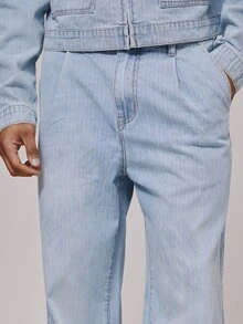 Musero Pantalones vaqueros rectos de pierna ancha lavados con pliegues, cierre con botones, detalles de presillas para cinturón, solo pantalones vaqueros, esenciales de primavera y verano para vacaciones y playa - Lavado ligero - Ver 5