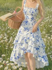 SHEIN MOD 女士复古印花荷叶边连衣裙，蓝白 - 藍白色 - 查看 2