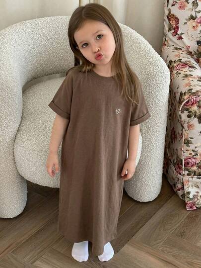 DAZY Tween Girl Floral Print Round Neck Raglan Short Sleeve Loose Casual Dress